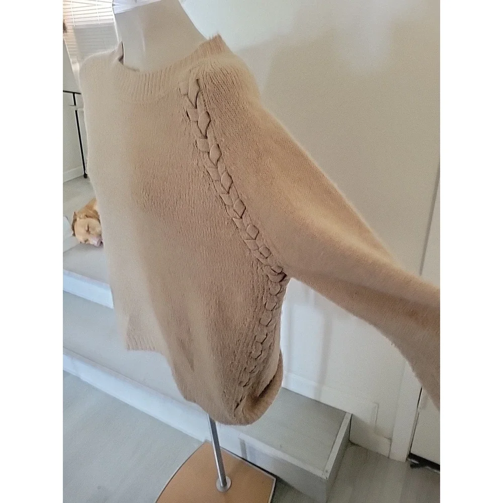 Vigoss Tan  Plus Size XL Designer Luxury Long‎ Sleeve Braided Crew Neck Sweater